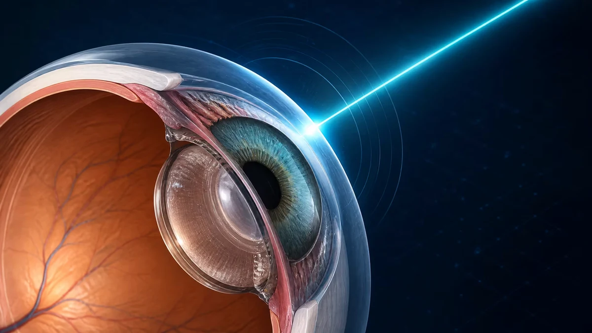 Ilustração em corte do olho recebendo o feixe de laser da cirurgia refrativa