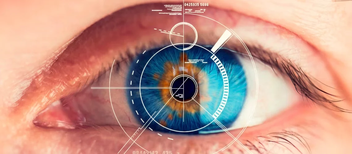 Ilustração de um olho azul com marcação de mira, usada no vídeo sobre MIGS