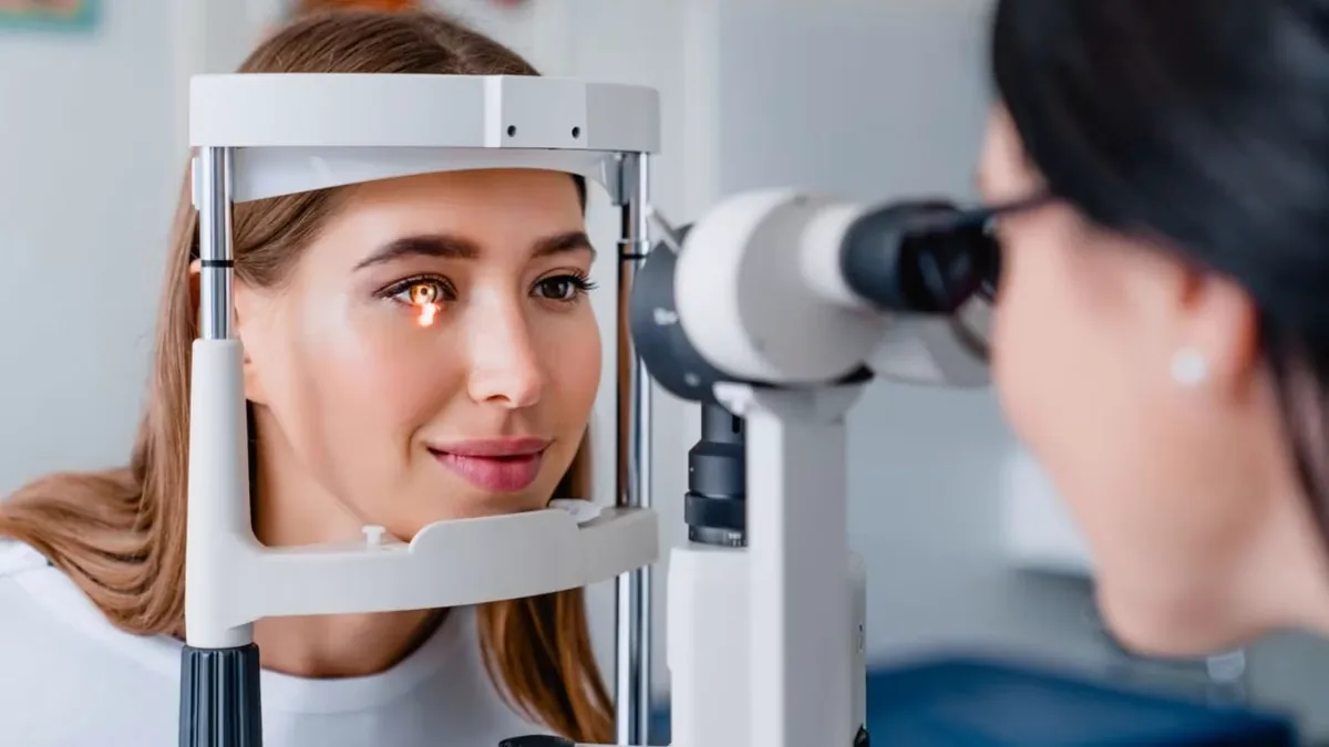 Paciente em exame de refração, com o equipamento posicionado à frente dos olhos